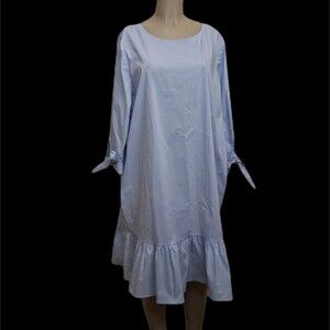 Glamorous Curve Lagenlook Ruffled Midi Dress Blue  20 Cotton Pockets Tie Sleeve